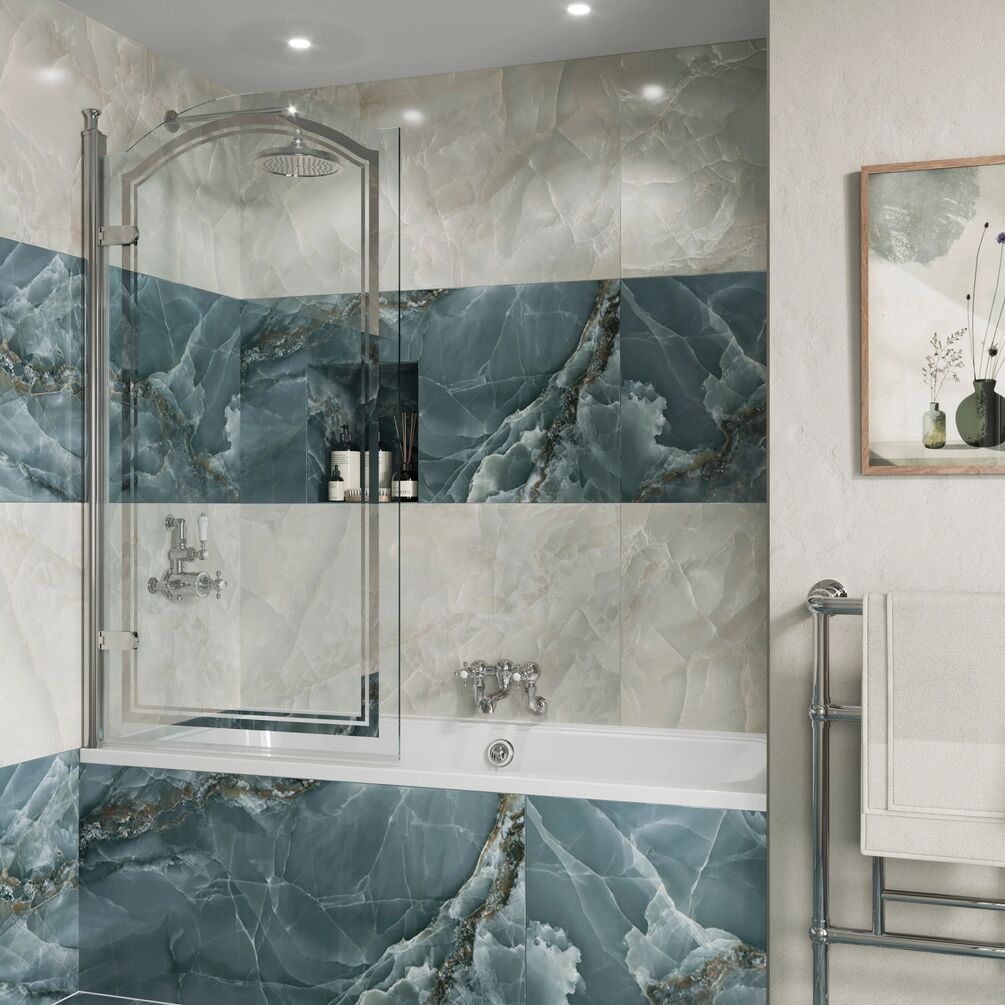 Lifestyle image of Burlington Classique Silver Curved Hinged Bath Screen